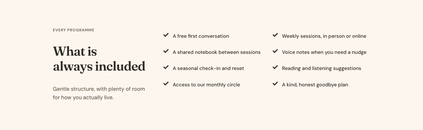 Organic Wellbeing Coaching Features Layout for Divi 5: Two-Column Checklist, Coaching Features layout built with Divi 5, desktop screenshot