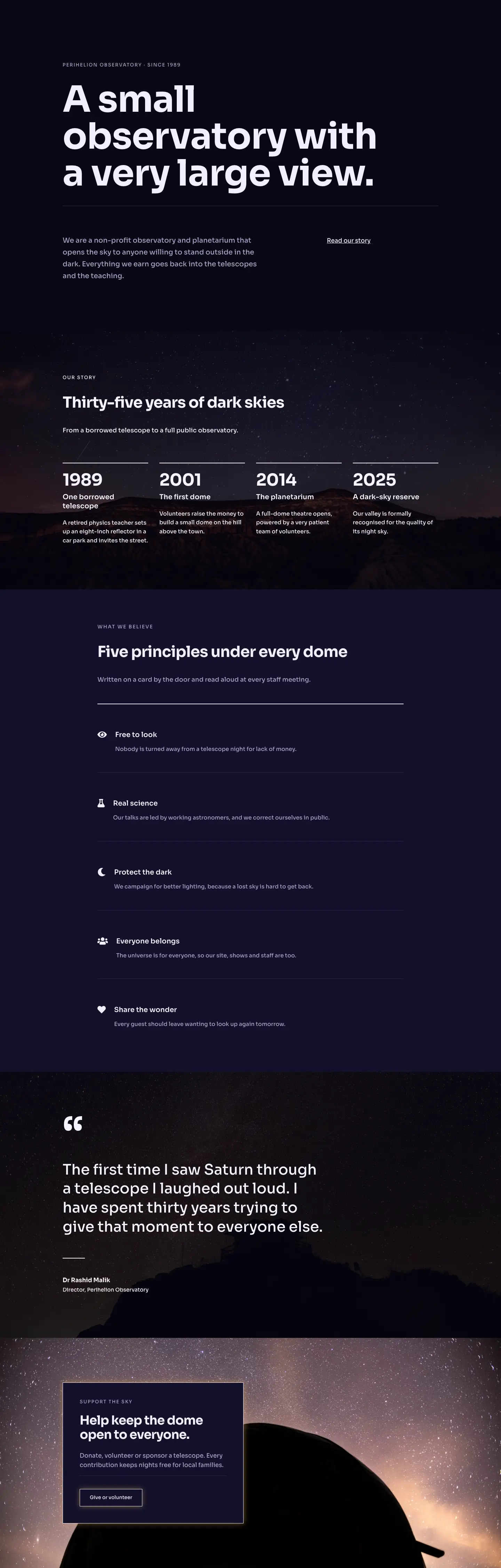 Perihelion Observatory — Dark Observatory About Page for Divi 5, Observatory Full Landing layout built with Divi 5, desktop screenshot