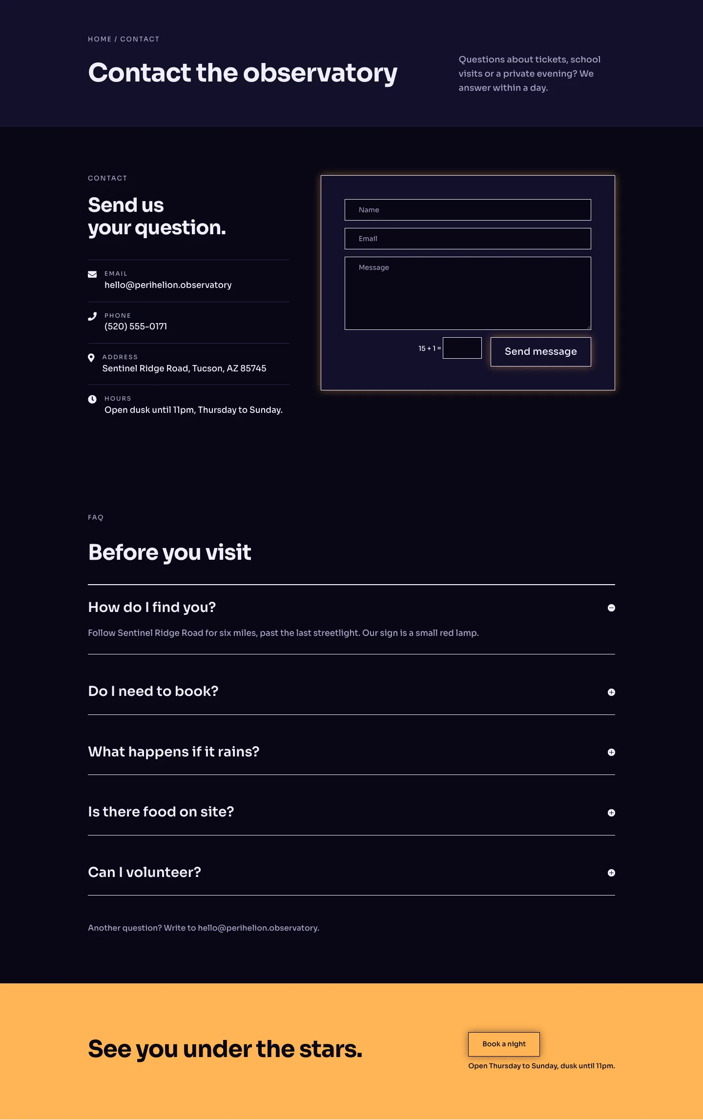 Perihelion Observatory — Dark Observatory Contact Page for Divi 5, Observatory Full Landing layout built with Divi 5, desktop screenshot