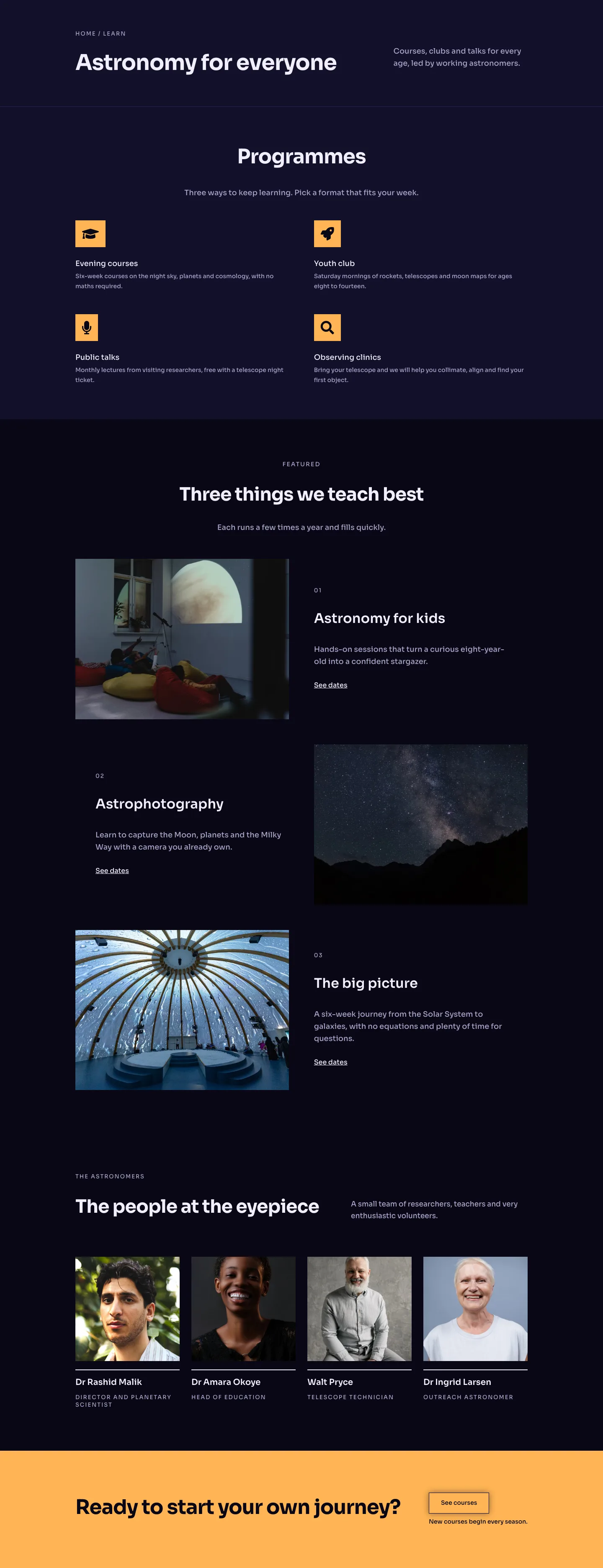 Perihelion Observatory — Dark Observatory Learn Page for Divi 5, Observatory Full Landing layout built with Divi 5, desktop screenshot