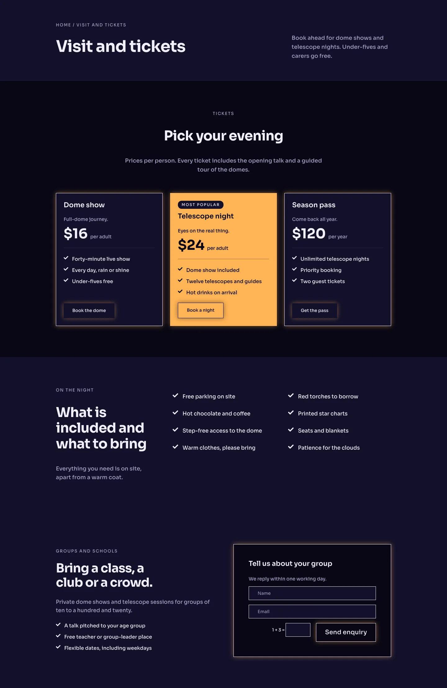 Perihelion Observatory — Dark Observatory Visit and Tickets Page for Divi 5, Observatory Full Landing layout built with Divi 5, desktop screenshot
