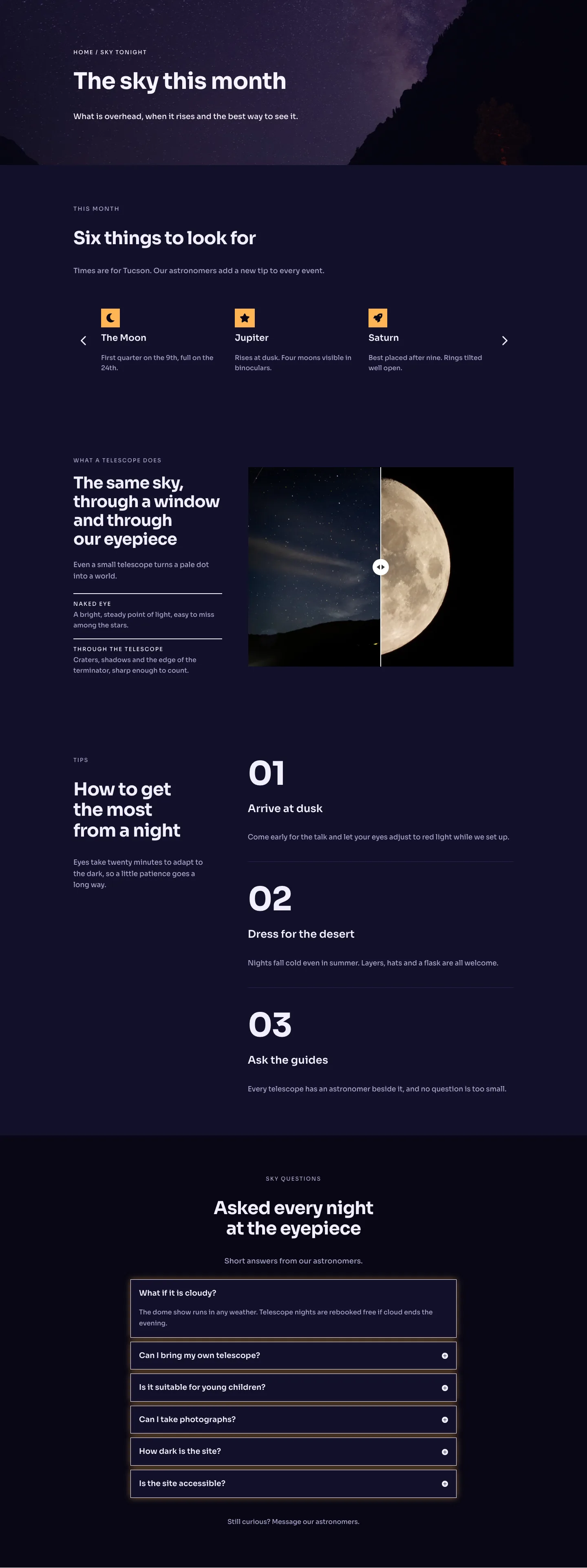 Perihelion Observatory — Dark Observatory Sky Tonight Page for Divi 5, Observatory Full Landing layout built with Divi 5, desktop screenshot