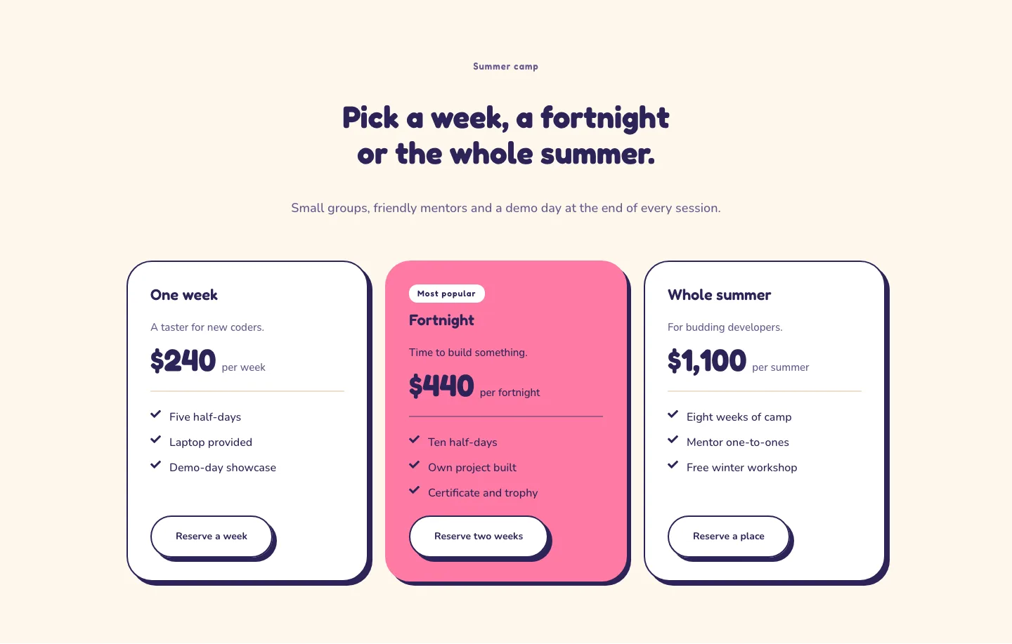 Playful Coding Camp Pricing Section for Divi 5: Three-Tier Sessions, Coaching Pricing layout built with Divi 5, desktop screenshot