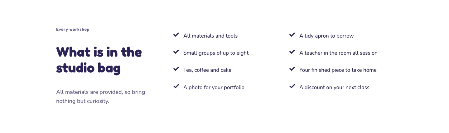 Playful Craft Workshop Features Layout for Divi 5: Two-Column Checklist, Portfolio Features layout built with Divi 5