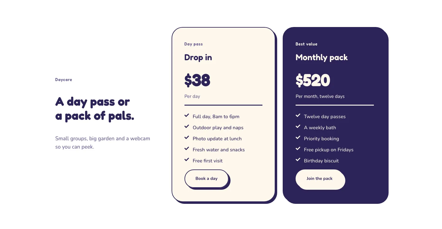 Playful Dog Daycare Pricing Section for Divi 5: Two-Plan Highlight, Fitness Pricing layout built with Divi 5, desktop screenshot