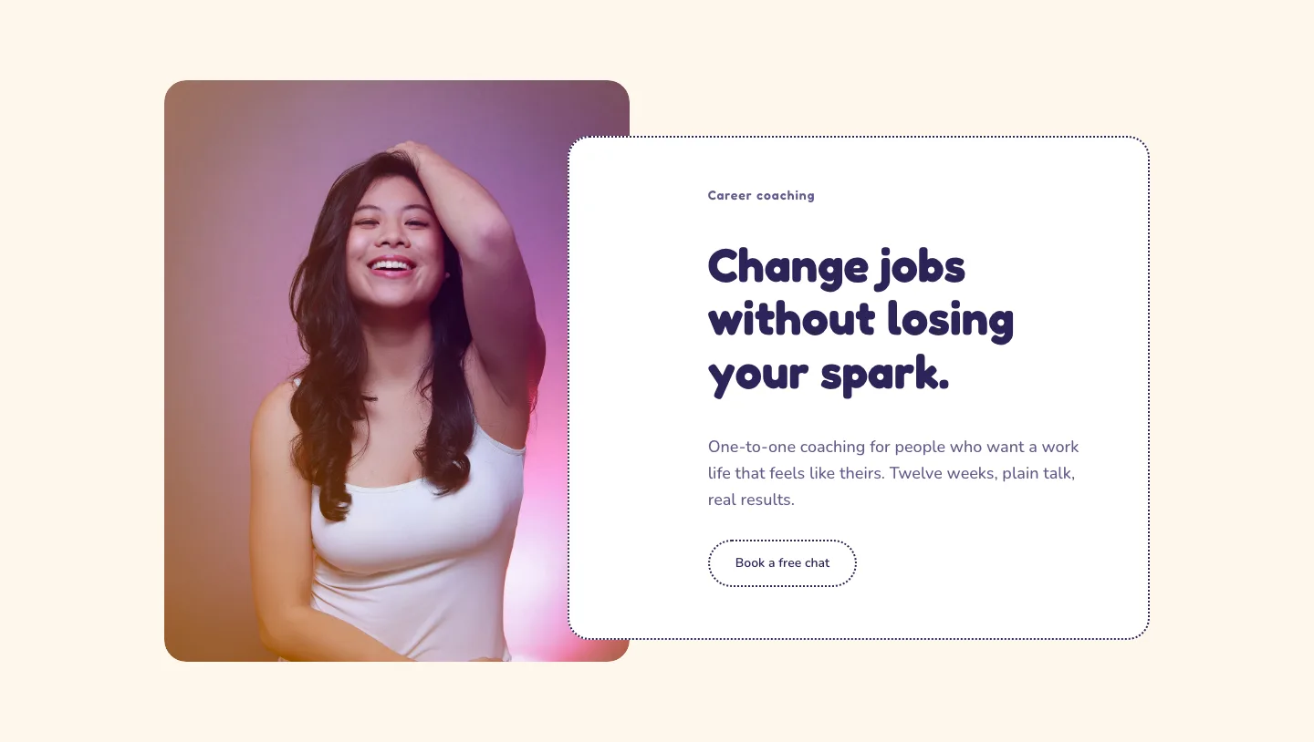 Playful Life Coach Hero Section for Divi 5: Pastel Overlap Layout, Coaching Hero layout built with Divi 5, desktop screenshot