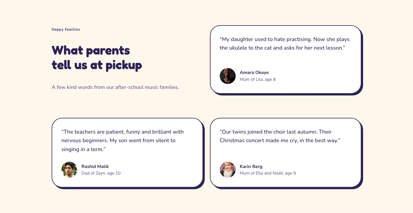 Playful Music School Testimonials Layout for Divi 5: Three Parent Quotes, Coaching Testimonials layout built with Divi 5, desktop screenshot