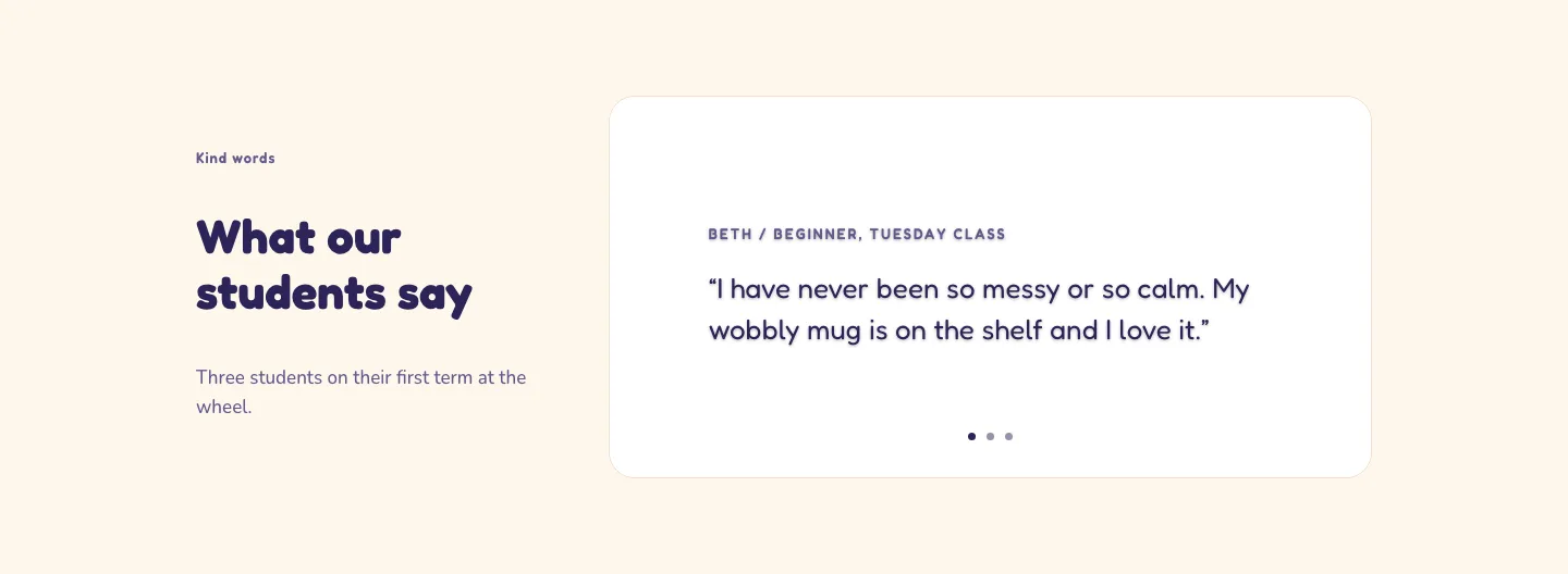 Playful Pottery Class Testimonial Slider Layout for Divi 5: Three Quotes, Coaching Testimonials layout built with Divi 5