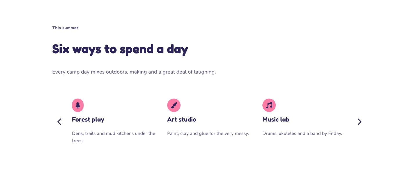 Playful Summer Camp Events Feature Cards Carousel Layout for Divi 5, Events Cards layout built with Divi 5
