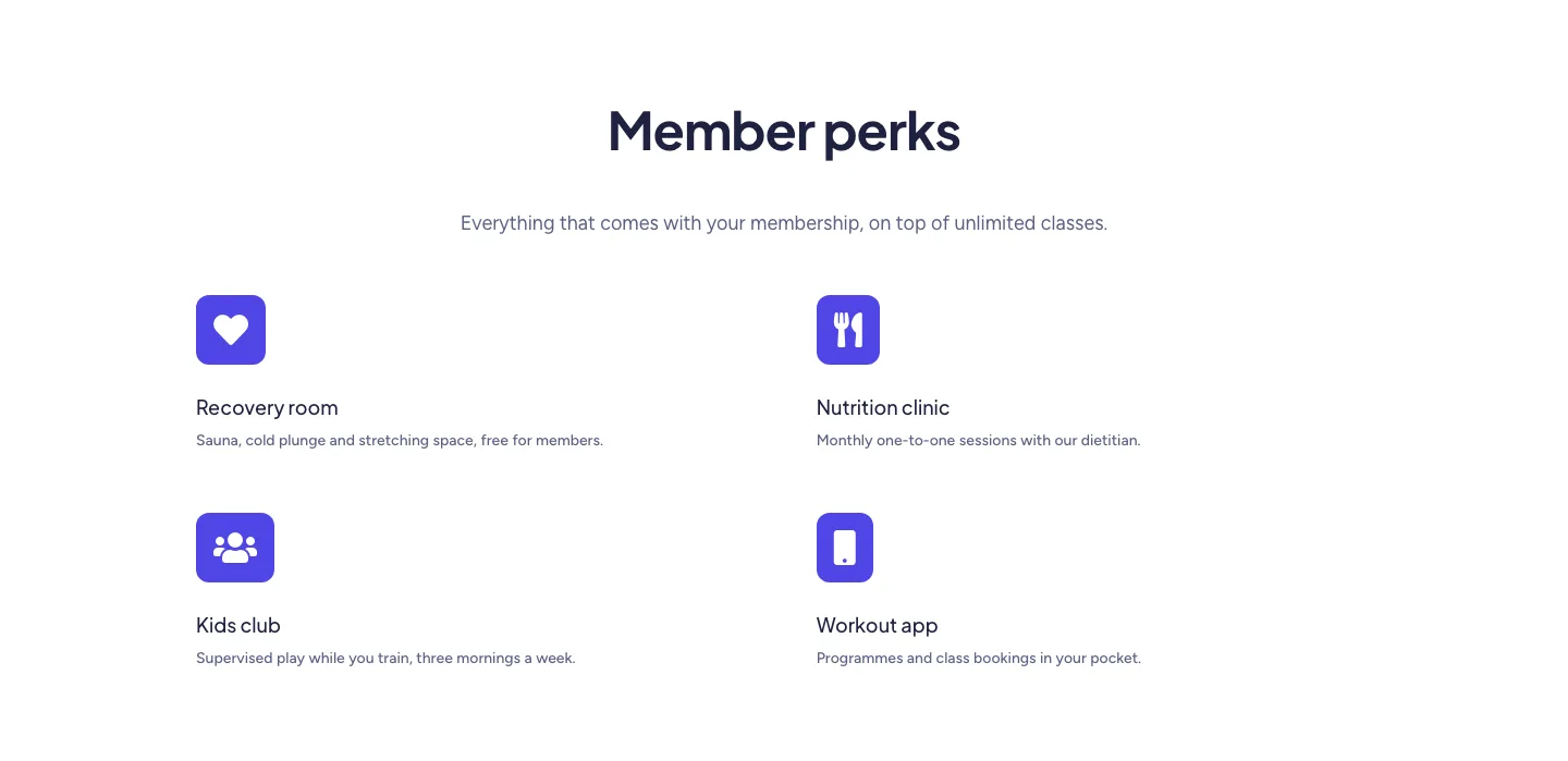 Soft Fitness Member Perks Features Layout for Divi 5: Four Icon Blurbs, Fitness Features layout built with Divi 5