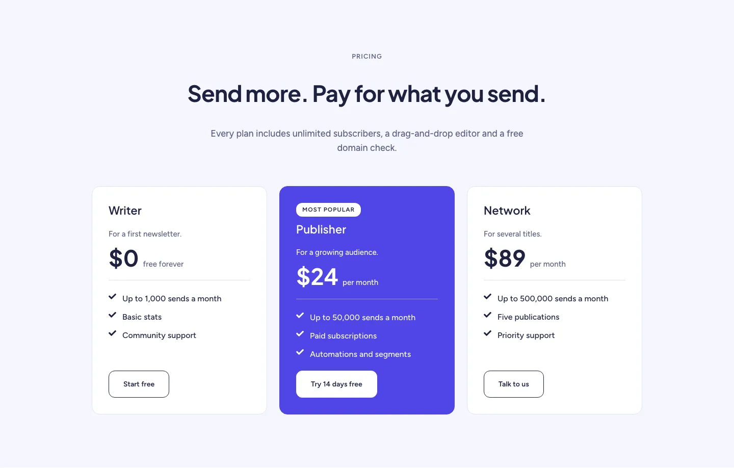 Soft Newsletter Platform Pricing Section for Divi 5: Three-Tier Plans, SaaS Pricing layout built with Divi 5, desktop screenshot