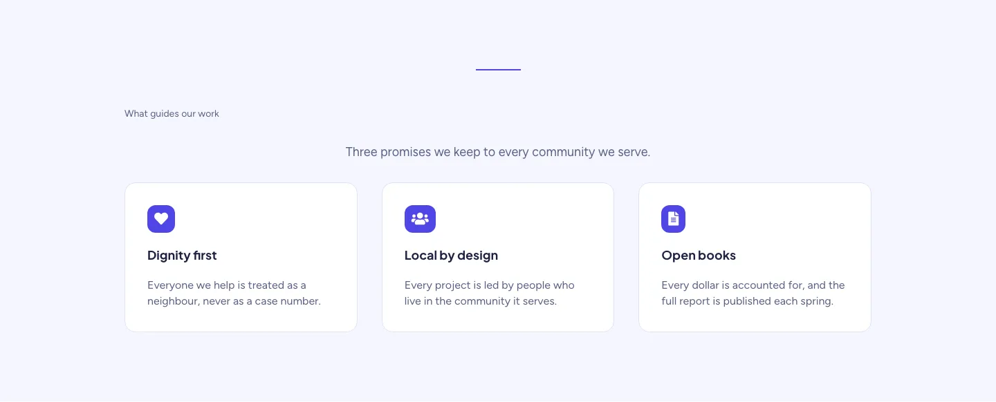 Soft Nonprofit Values Cards Layout for Divi 5: Three Icon Values, Nonprofit Cards layout built with Divi 5