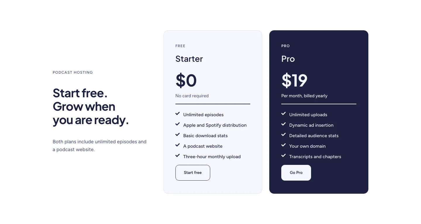 Soft Podcast Hosting Pricing Section for Divi 5: Two-Plan Highlight, SaaS Pricing layout built with Divi 5, desktop screenshot