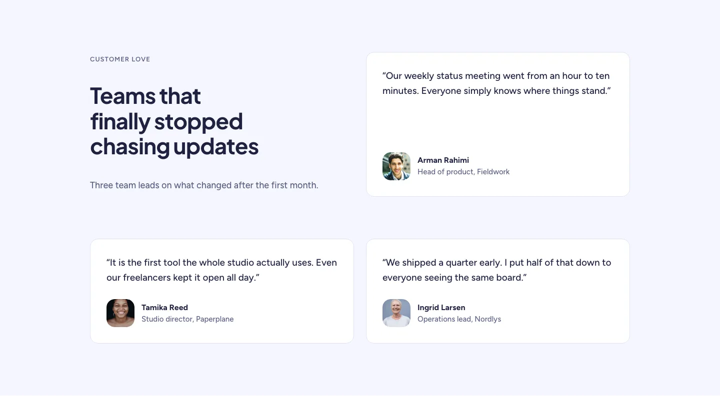 Soft Project Management Testimonials Layout for Divi 5: Three Avatar Cards, SaaS Testimonials layout built with Divi 5, desktop screenshot