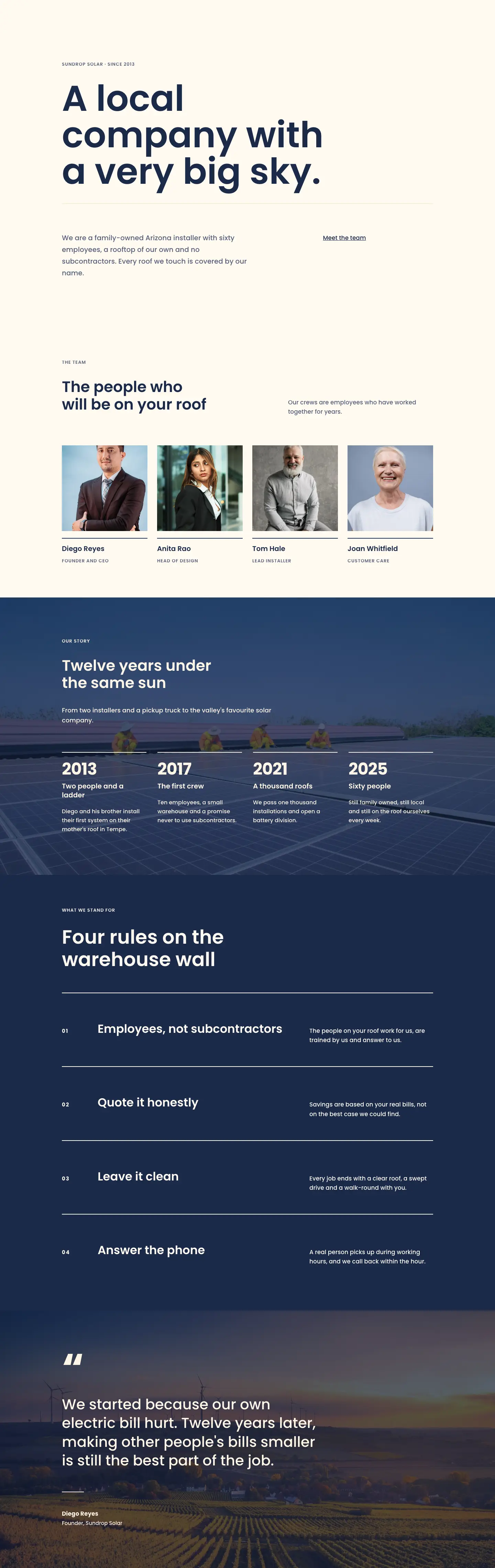 Sundrop Solar — Corporate Solar About Page for Divi 5, Solar Full Landing layout built with Divi 5, desktop screenshot
