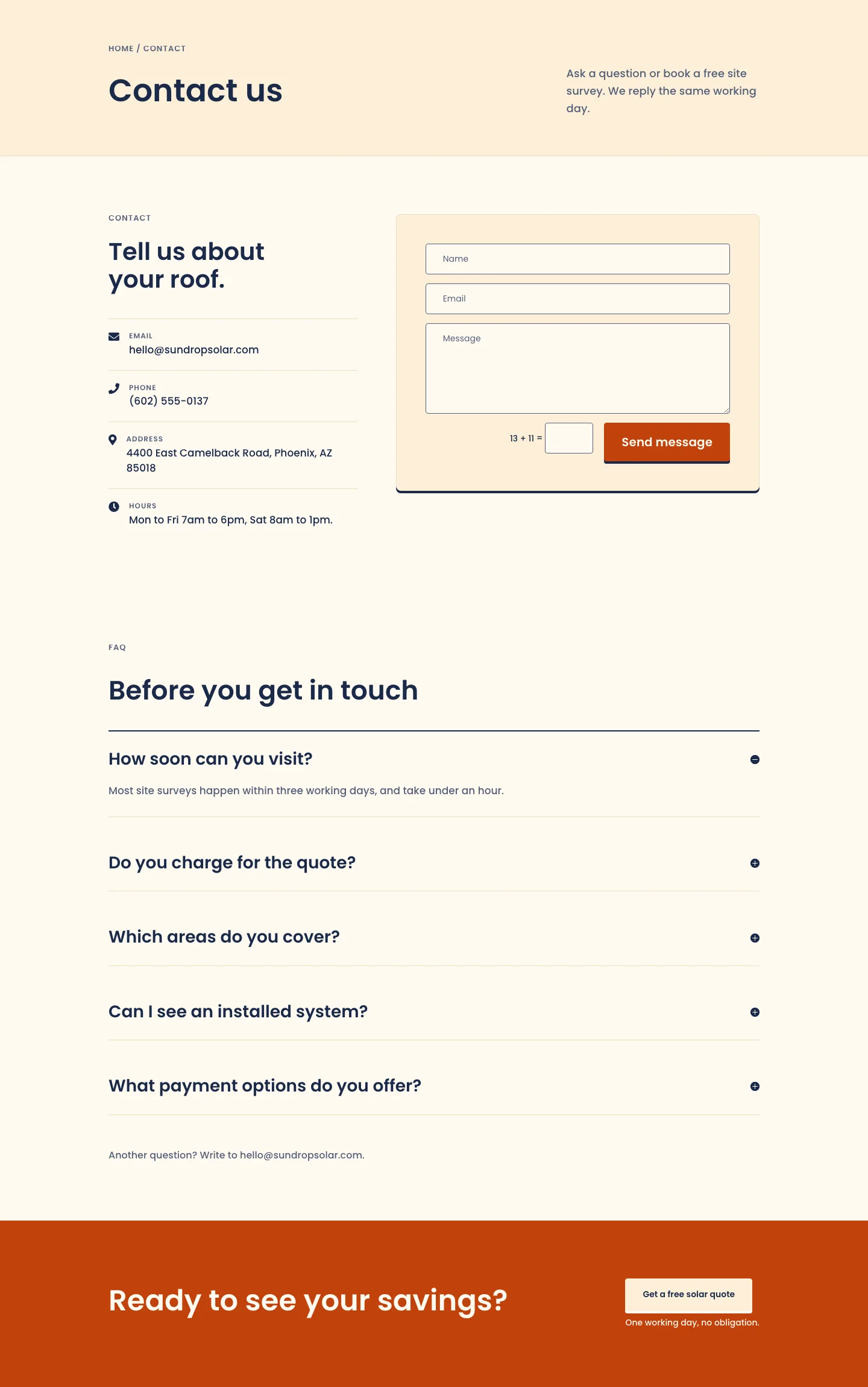 Sundrop Solar — Corporate Solar Contact Page for Divi 5, Solar Full Landing layout built with Divi 5