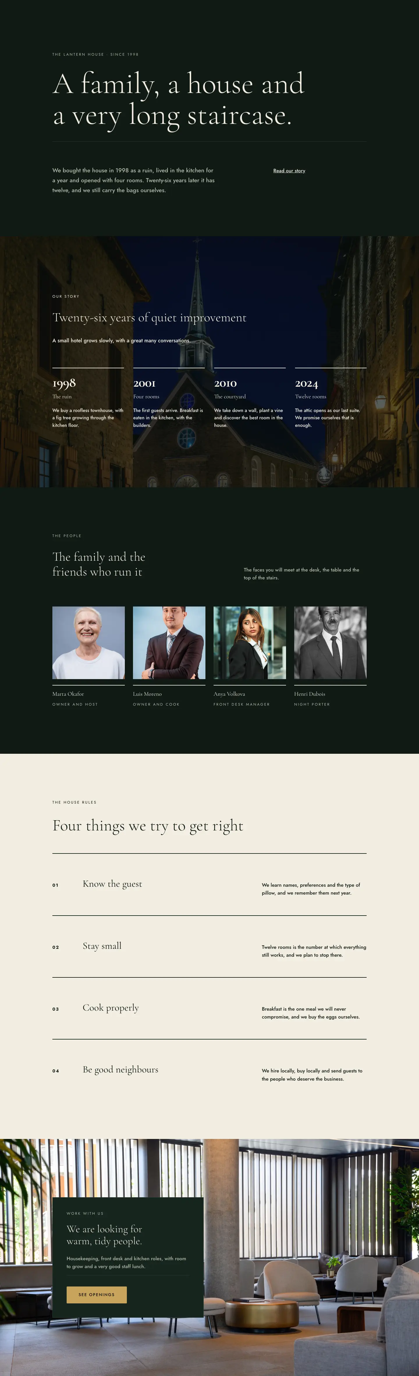 The Lantern House — Elegant Boutique_hotel About Page for Divi 5, Boutique Hotel Full Landing layout built with Divi 5, desktop screenshot