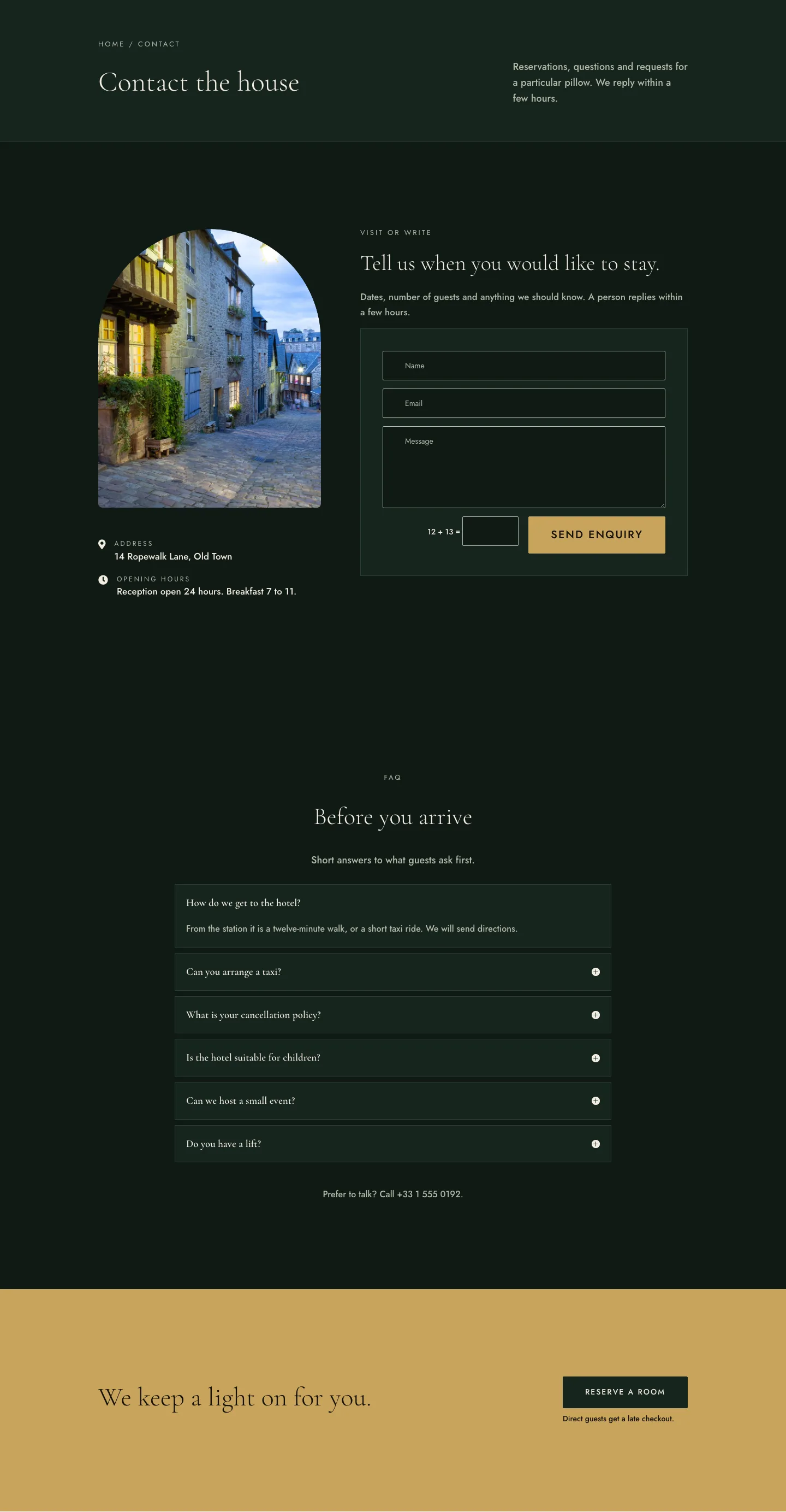 The Lantern House — Elegant Boutique_hotel Contact Page for Divi 5, Boutique Hotel Full Landing layout built with Divi 5, desktop screenshot