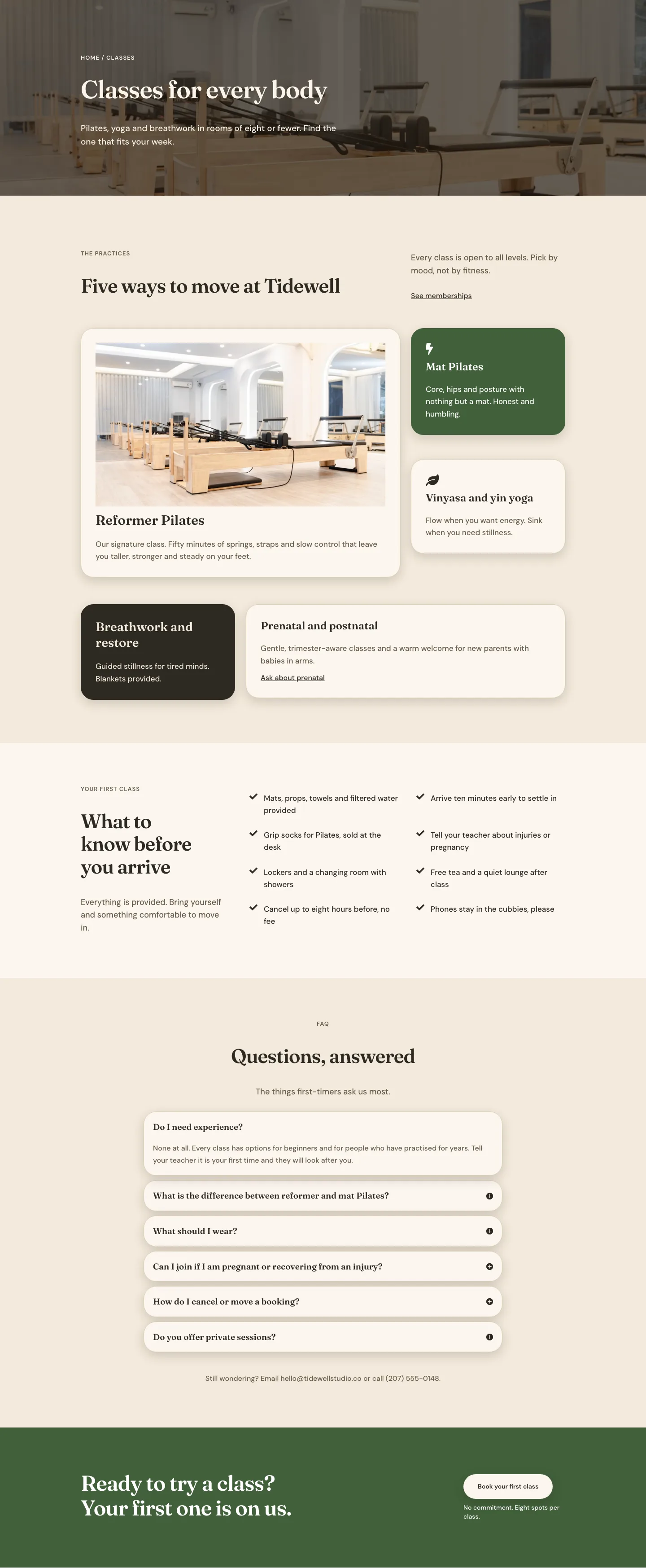 Tidewell Movement Studio — Organic Wellness Classes Page for Divi 5, Wellness Full Landing layout built with Divi 5, desktop screenshot