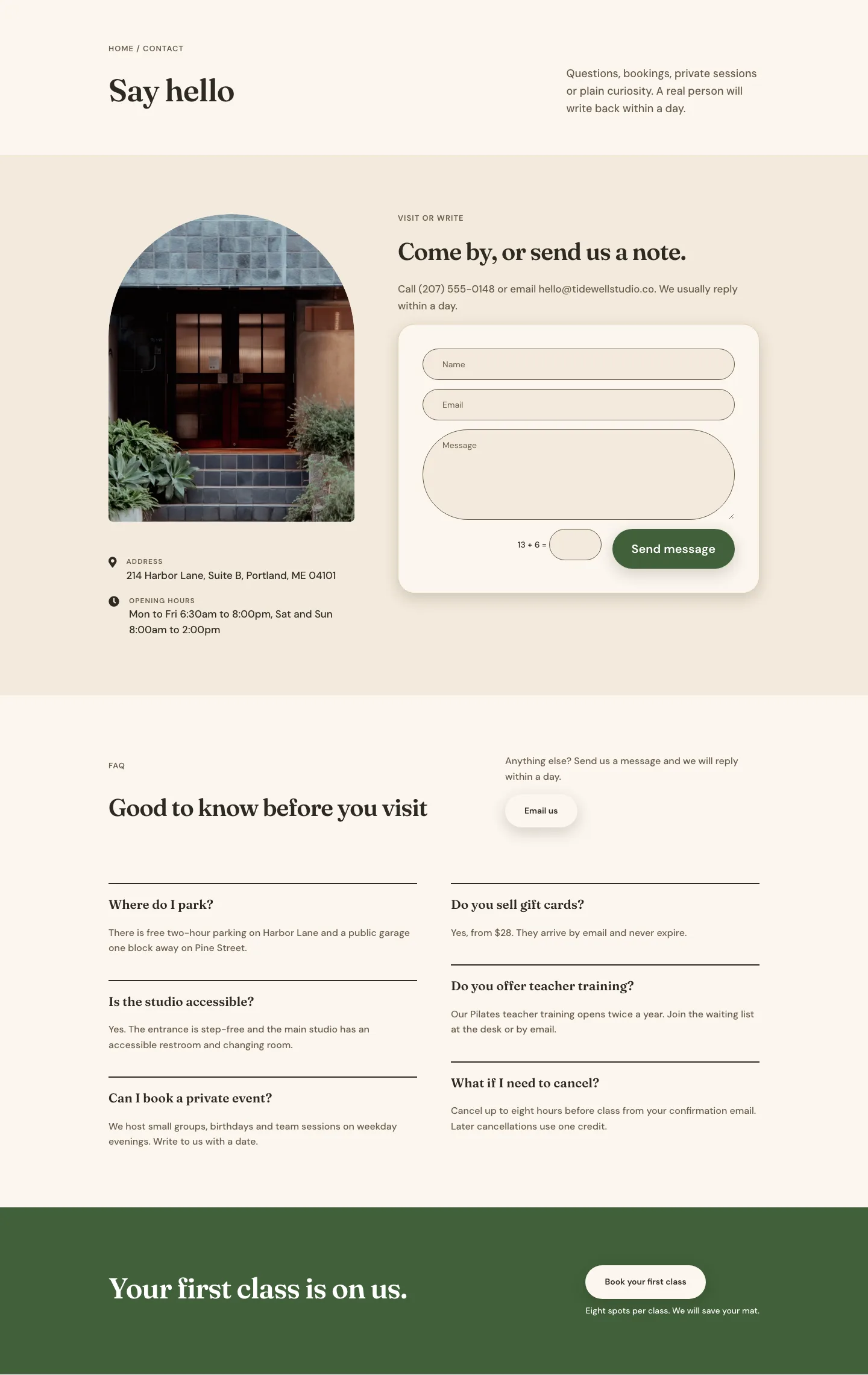 Tidewell Movement Studio — Organic Wellness Contact Page for Divi 5, Wellness Full Landing layout built with Divi 5, desktop screenshot