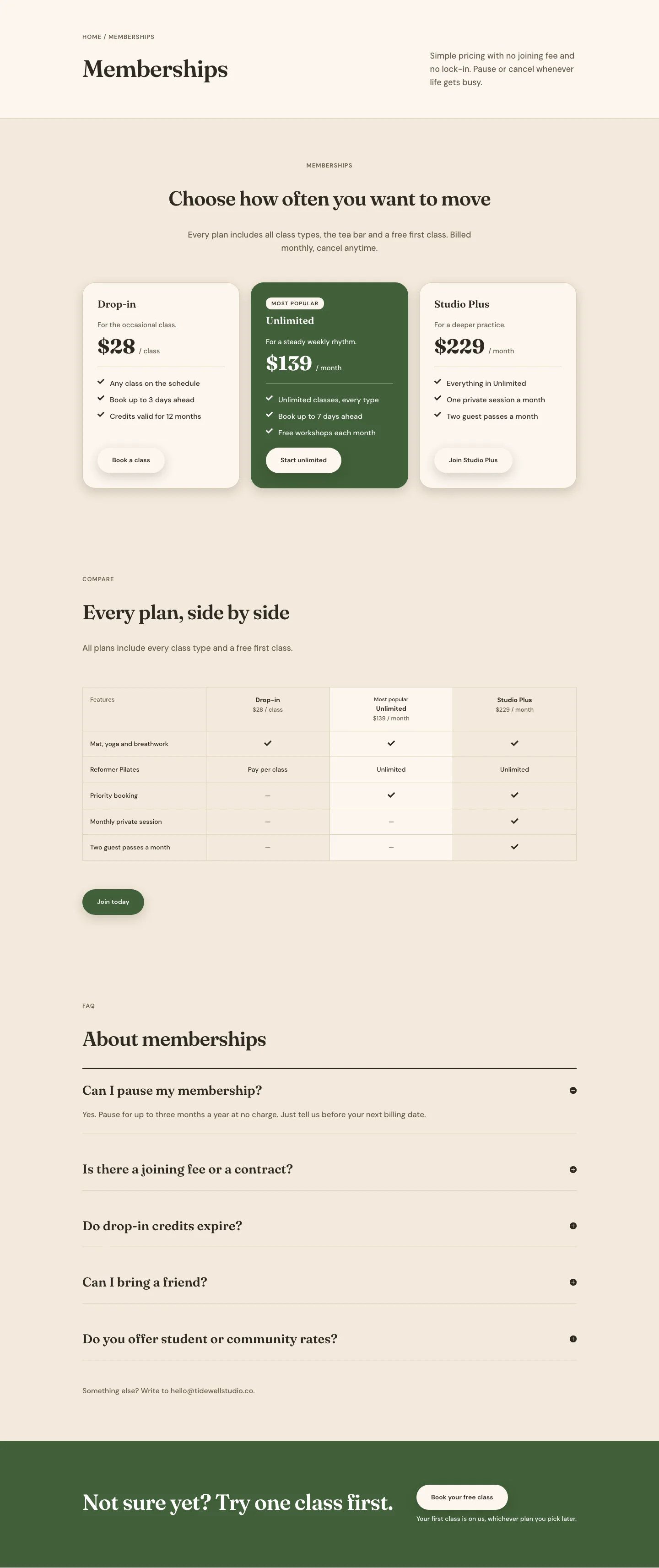 Tidewell Movement Studio — Organic Wellness Memberships Page for Divi 5, Wellness Full Landing layout built with Divi 5