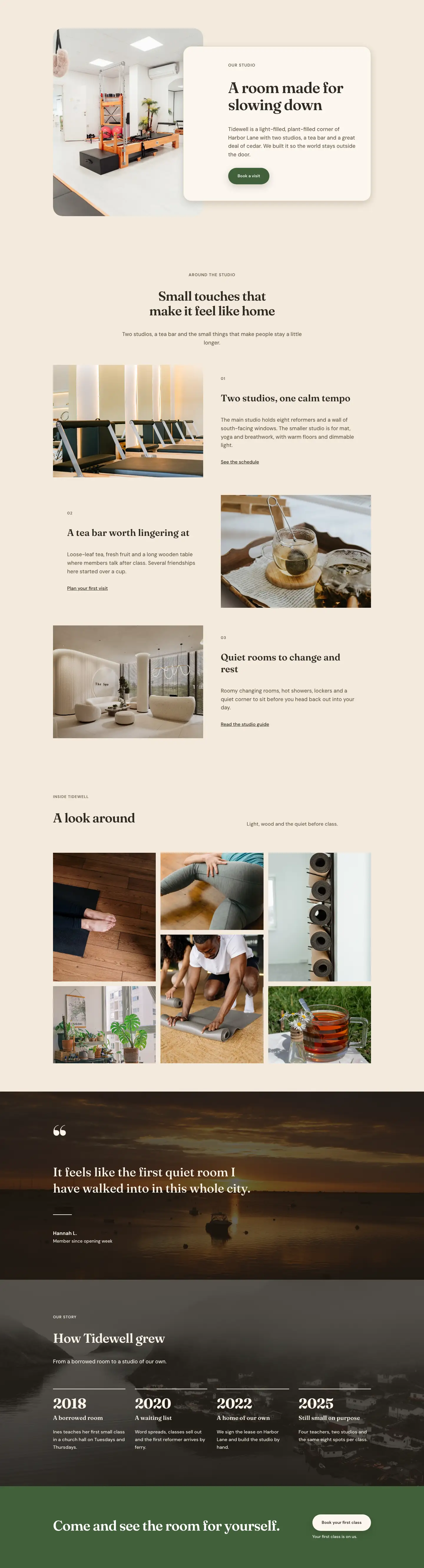 Tidewell Movement Studio — Organic Wellness The Studio Page for Divi 5, Wellness Full Landing layout built with Divi 5, desktop screenshot