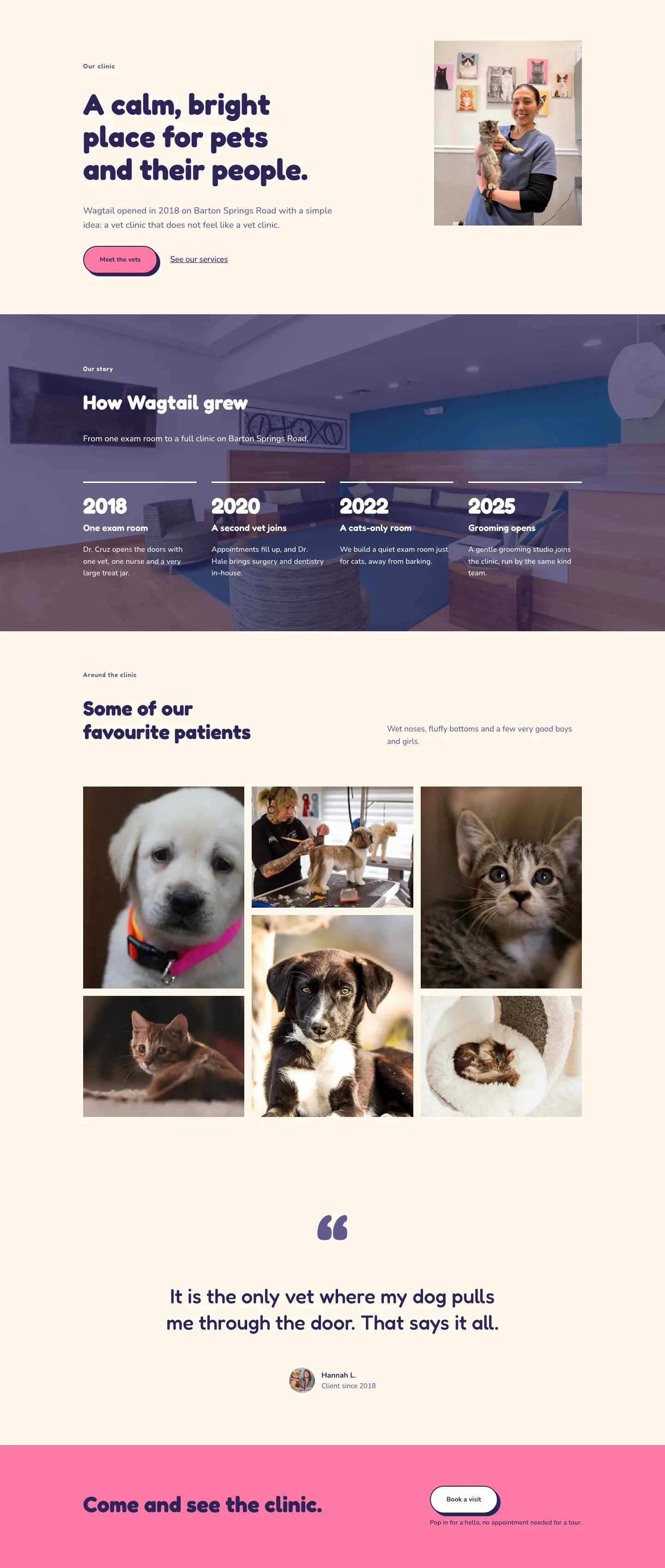 Wagtail Animal Clinic — Playful Veterinary The Clinic Page for Divi 5, Veterinary Full Landing layout built with Divi 5, desktop screenshot