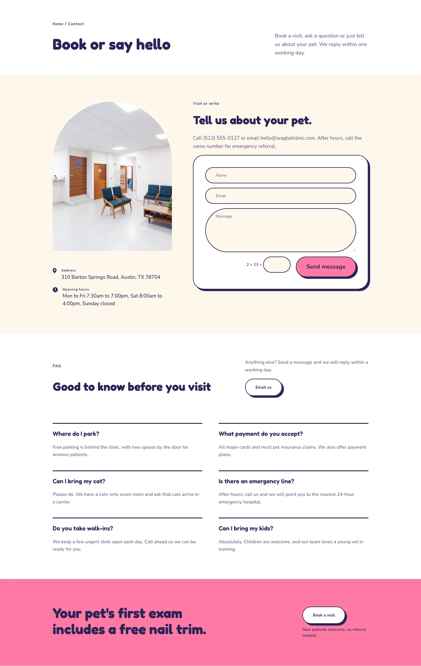 Wagtail Animal Clinic — Playful Veterinary Contact Page for Divi 5, Veterinary Full Landing layout built with Divi 5, desktop screenshot