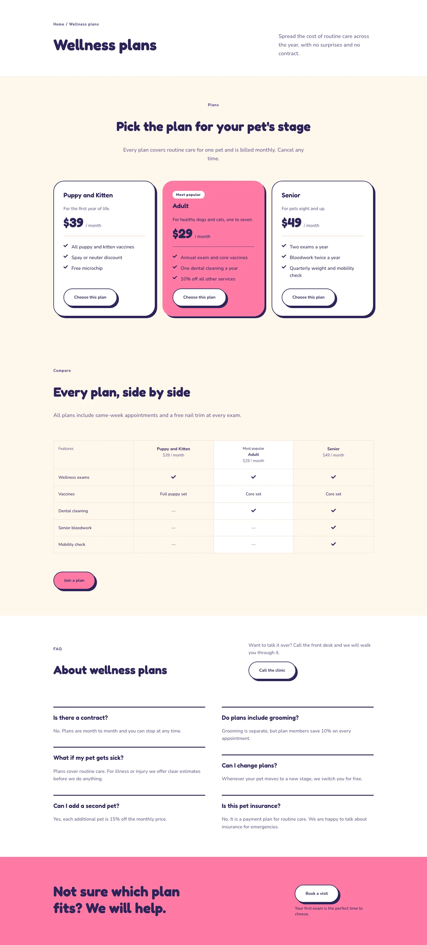 Wagtail Animal Clinic — Playful Veterinary Wellness Plans Page for Divi 5, Veterinary Full Landing layout built with Divi 5, desktop screenshot