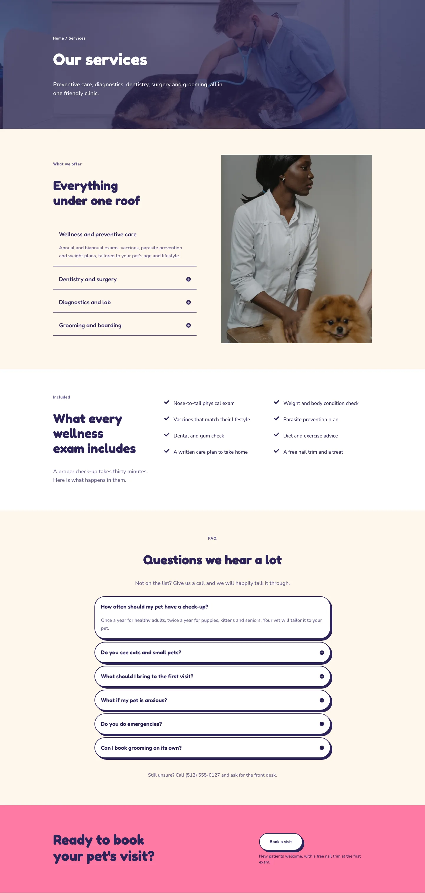 Wagtail Animal Clinic — Playful Veterinary Services Page for Divi 5, Veterinary Full Landing layout built with Divi 5, desktop screenshot