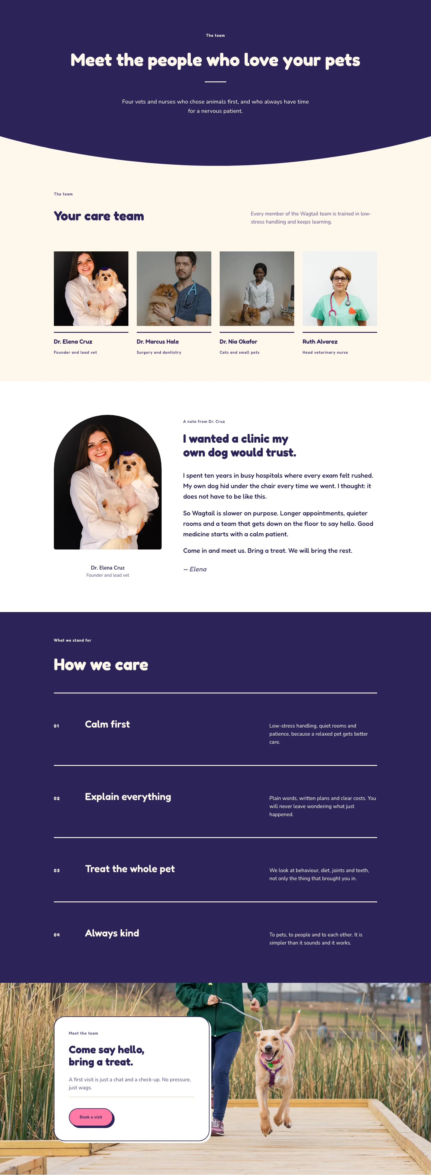 Wagtail Animal Clinic — Playful Veterinary Our Vets Page for Divi 5, Veterinary Full Landing layout built with Divi 5, desktop screenshot